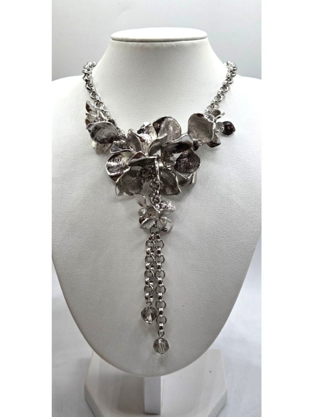 Silver Tone Floral Statement Necklace With Chain Tassels & Crystal Accents